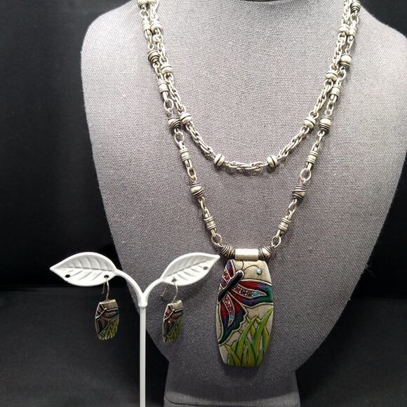 Chico's Butterfly Enamel Rhinestone Pendant Necklace Earrings Set, 21" & 1 1/2" - Picture 3 of 10
